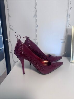 Burgundy Patent Pointed-Toe Stiletto Heels with Lace-Up Detail